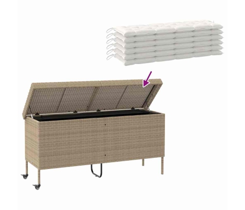 Caja de almacenaje jardín ruedas ratán PE beige 160x55x75 cm