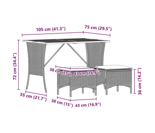 Set comedor de jardín 3 pzas con cojines ratán sintético negro