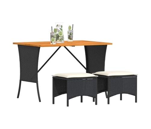 Set comedor de jardín 3 pzas con cojines ratán sintético negro