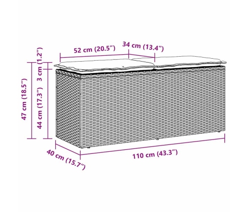 Banco de jardín con cojín ratán sintético marrón 110x40x44 cm