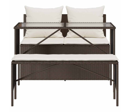 Set comedor de jardín 3 piezas y cojines ratán sintético marrón