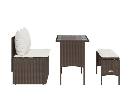 Set comedor de jardín 3 piezas y cojines ratán sintético marrón