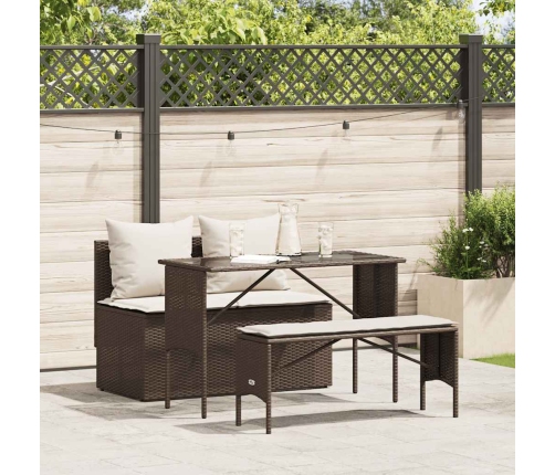 Set comedor de jardín 3 piezas y cojines ratán sintético marrón