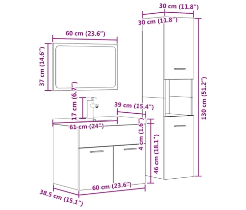 Juego muebles de baño 4 pzas madera contrachapada gris hormigón