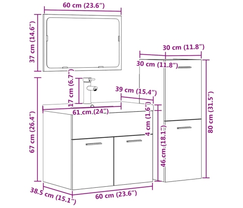 Juego muebles de baño 4 pzas madera contrachapada gris hormigón