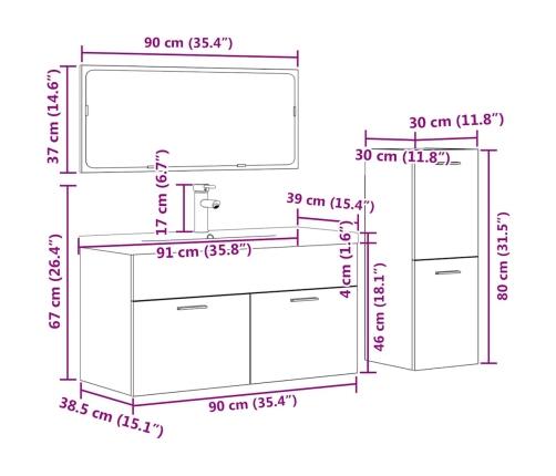 Juego muebles de baño 4 pzas madera contrachapada gris hormigón