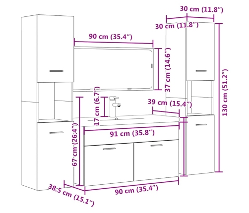 Set muebles de baño 5 piezas madera ingeniería gris hormigón