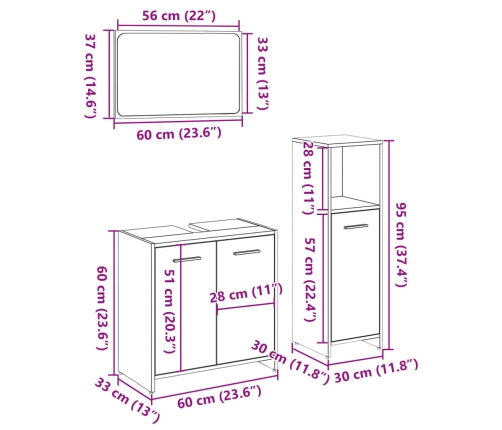 Set de muebles de baño 3 pzas madera contrachapada roble Sonoma