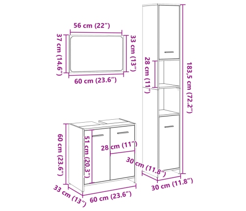 Set de muebles de baño 3 pzas madera contrachapada roble Sonoma