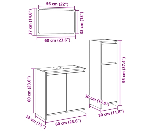 Set de muebles de baño 3 pzas madera contrachapada roble Sonoma