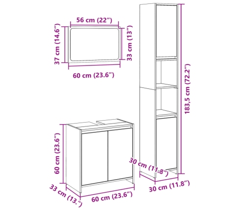 Set de muebles de baño 3 pzas madera contrachapada roble Sonoma