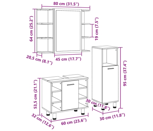 Set de muebles de baño 3 pzas madera contrachapada roble Sonoma