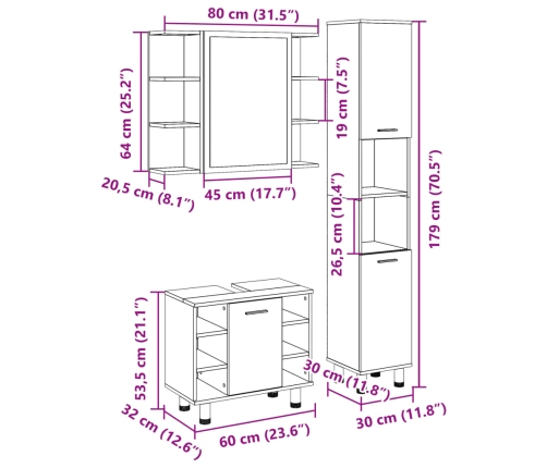 Set de muebles de baño 3 pzas madera contrachapada roble Sonoma