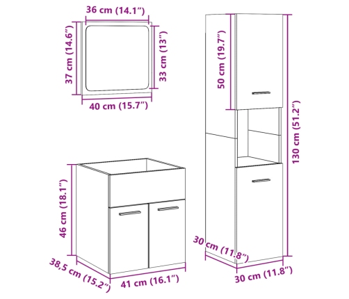 Set de muebles de baño 3 pzas madera contrachapada roble Sonoma