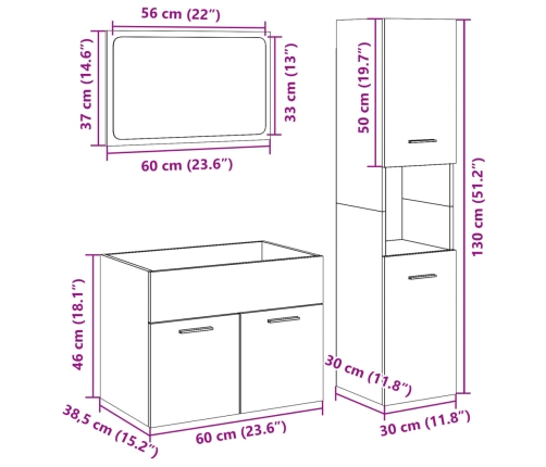 Set de muebles de baño 3 pzas madera contrachapada roble Sonoma