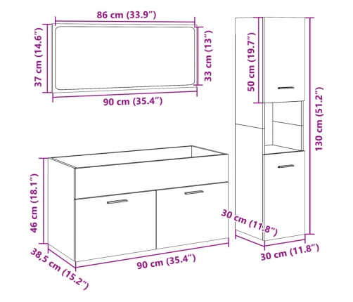 Set de muebles de baño 3 pzas madera contrachapada roble Sonoma