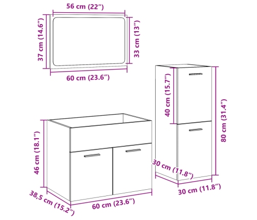 Set de muebles de baño 3 pzas madera contrachapada roble Sonoma