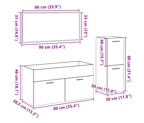 Set de muebles de baño 3 pzas madera contrachapada roble Sonoma