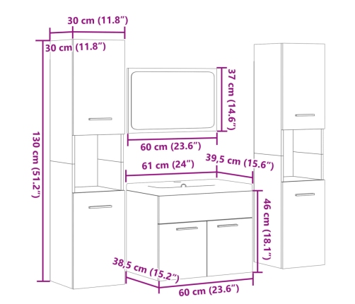 Juego de muebles de baño 5 pzas madera ingeniería roble Sonoma