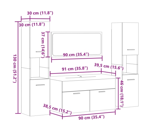 Juego de muebles de baño 5 pzas madera ingeniería roble Sonoma