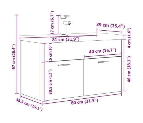 Mueble de baño con lavabo incorporado y grifo roble Sonoma