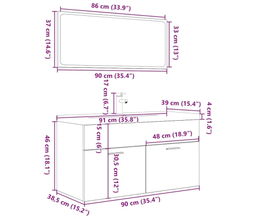 Set de muebles de baño 3 pzas madera contrachapada roble Sonoma