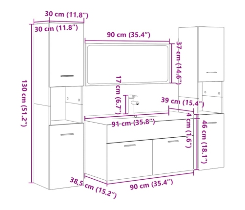 Juego de muebles de baño 5 pzas madera ingeniería roble Sonoma