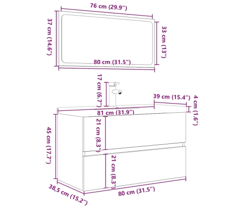 Set de muebles de baño 3 pzas madera contrachapada roble Sonoma