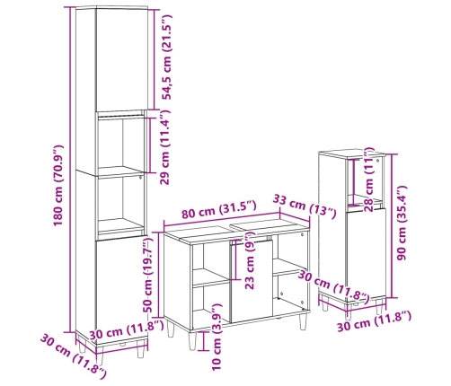 Set de muebles de baño 3 pzas madera contrachapada roble Sonoma