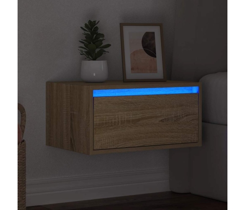 Mesita de noche de pared con luces LED roble Sonoma