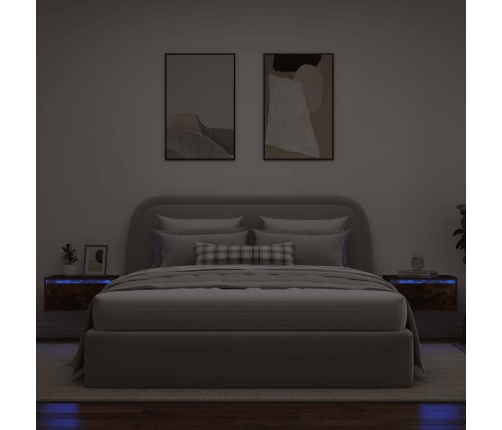 Mesitas de noche de pared con luces LED 2 uds roble ahumado