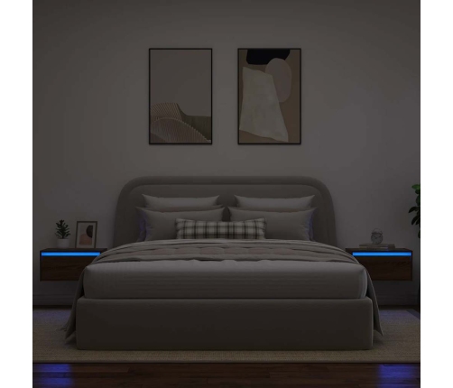 Mesitas de noche de pared con luces LED 2 unidades roble marrón