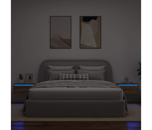 Mesitas de noche pared con luces LED 2 unidades roble artesanal