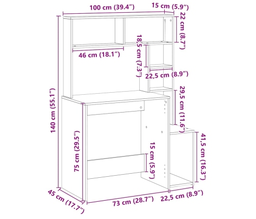 Escritorio estantes madera ingeniería envejecida 100x45x140 cm