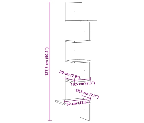 Estantería de pared esquina madera marrón roble 32x32x127,5cm