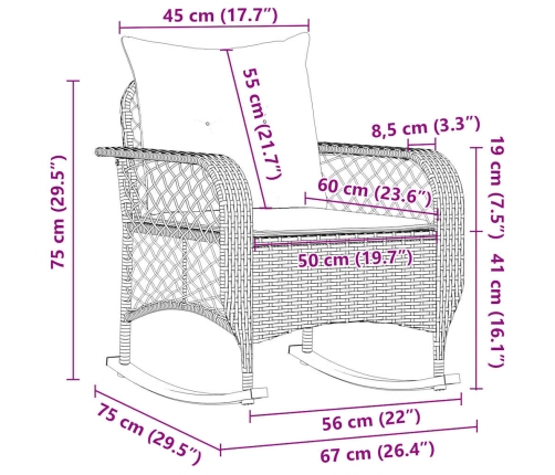 Silla mecedora de jardín con cojines ratán sintético negro