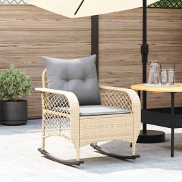 Silla mecedora de jardín con cojines ratán sintético beige