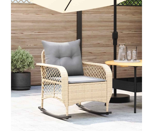 Silla mecedora de jardín con cojines ratán sintético beige