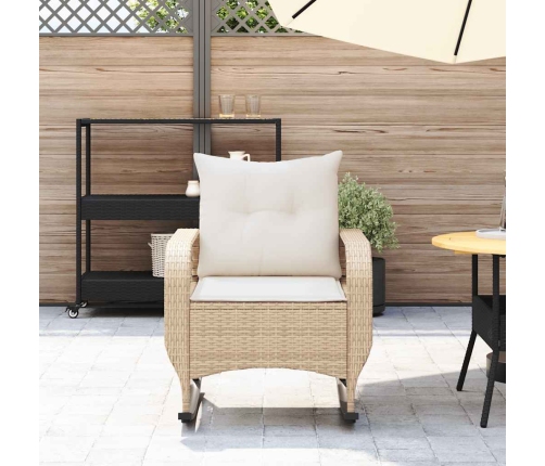 Silla mecedora de jardín con cojines ratán sintético beige