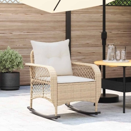 Silla mecedora de jardín con cojines ratán sintético beige