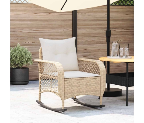 Silla mecedora de jardín con cojines ratán sintético beige