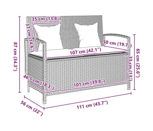 Banco de jardín con almacenaje y cojín marrón ratán sintético