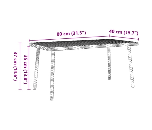 Mesa centro jardín rectangular negra 80x40x37cm ratán sintético