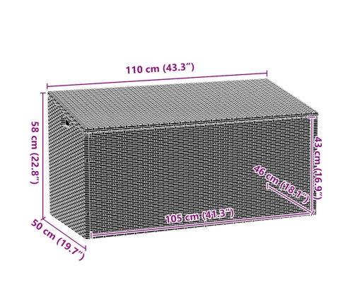 Caja de almacenaje de jardín ratán sintético gris 110x50x58 cm