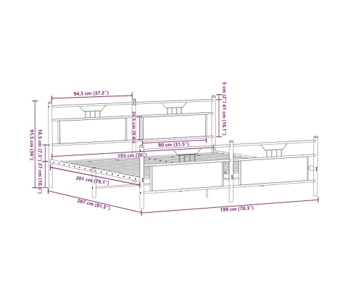 Estructura de cama sin colchón metal roble ahumado 193x203 cm