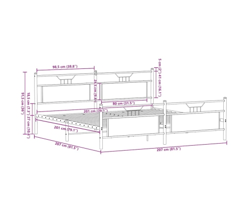 Estructura de cama sin colchón metal roble ahumado 200x200 cm