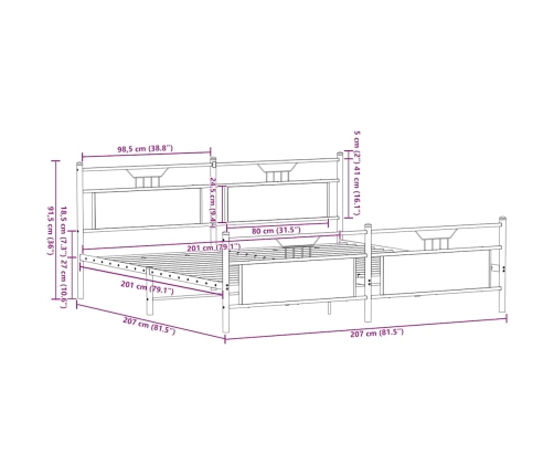 Estructura de cama sin colchón metal roble marrón 200x200 cm