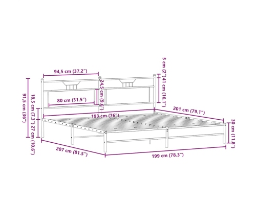 Estructura de cama sin colchón metal roble ahumado 193x203 cm