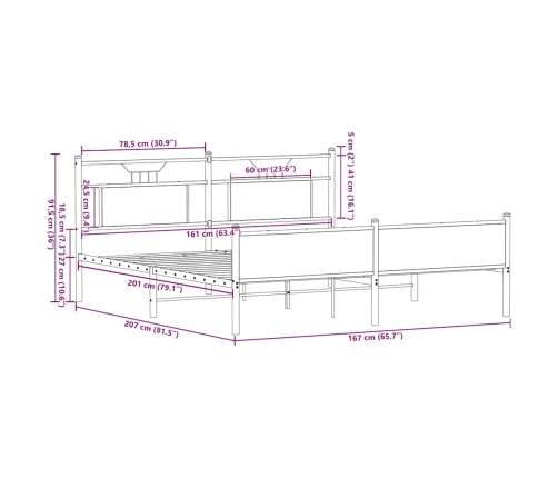 Estructura de cama sin colchón metal roble ahumado 160x200 cm