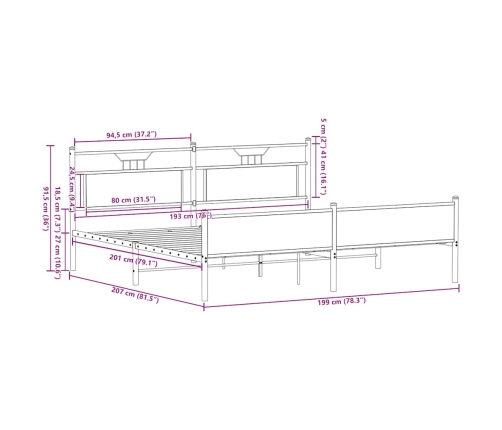 Estructura de cama sin colchón metal roble ahumado 193x203 cm